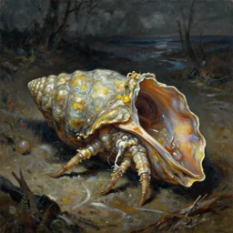 oil painting of radioactive dystopian macerated mollusk in richard m powers science fiction plague river bed, horror book jacket illustration baked 6 0 0 f in 1 9 6 1 by boris vallejo, geof darrow