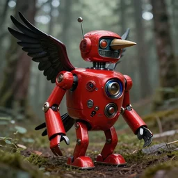 adventurer ( ( ( ( ( 1 9 5 0 s retro future robot raven bird. forrest in background. muted colors. ) ) ) ) ) by jean baptiste monge!!!!!!!!!!!!!!!!!!!!!!!!! chrome red