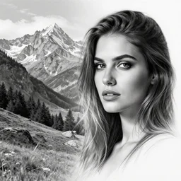 beautiful mountain scenery with a beautiful woman face, amazing blend effect, tattoo design sketch, hyper - realistic, in the style of matteo pasqualin, amazing detail, black and white
