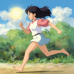 sexy girl running in the sun, very traditional gouache painting by makoto shinkai disney pixar kyoto animation