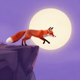 a illustration red fox jumping from the edge of a cliff towards the sun, divine, peaceful, elegant, tones of purple, by neofluid