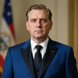 the presidential portrait of a fascist yellow chicklet, he looks stoic and conservative, wearing a blue and black suit, realistic