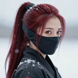 highly detailed closeupportrait of long ponytail black and red hair ninja mask female, stray snowflakes wiring by atey ghailan, by james gilleard, by joe fenton, by greg rutkowski, by meybis ruiz cruz, by greg tocchini, 4 k resolution, gradient black, red and white color scheme!!! ( ( snowy fuji mountain village and tokyo tower background ) )