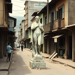 vintage color photo of a marble sculpture by brancusi in the middle of a poor brazilian favela street, image by werner herzog