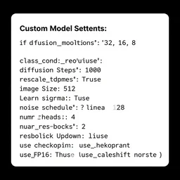 #@markdown ####**Custom Model Settings:** if diffusion_model == 'custom': model_config.update({ 'attention_resolutions': '32, 16, 8', 'class_cond': False, 'diffusion_steps': 1000, 'rescale_timesteps': True, 'image_size': 512, 'learn_sigma': True, 'noise_schedule': 'linear', 'num_channels': 128, 'num_heads': 4, 'num_res_blocks': 2, 'resblock_updown': True, 'use_checkpoint': use_checkpoint, 'use_fp16': True, 'use_scale_shift_norm': True, })