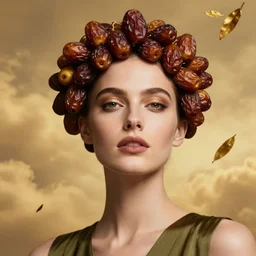 epic close - up portrait of beautiful female face supermodel portrait wearing olive dress and crown made of brown dates fruit and golden tea leaves flying in sky by amy leibowitz, wlop, jeremy lipkin, beeple, intricate, artgerm, ilya kuvshinov, golden clouds background