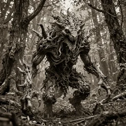 an incredibly scary and very very unique monster creature of evil nature with animal, human and tree like characteristics, ancient folk legend in the forest, extremely creative and detailed, sepia photography