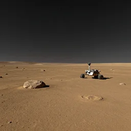 a mars terrain, minimalistic, with rocks and craters and a rover, a starry sky, astro photography, unsplash