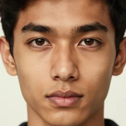 extreme close - up shot, studio photography portrait of a beautiful indian and southeast asian man in his teens, light brown eyes, diamond - shaped face, in the style of saul leiter, photorealistic, warm lighting, 2 4 mm, 8 k