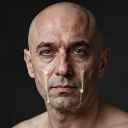 close up photo of a fully clothed bald crimean man with cream dripping from his face