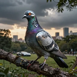 robotic scifi pigeon with chrome beak, metal wings, glowing eye, perched on a tree branch, lush city park, golden hour, intense storm clouds, city background, electronics circuit board and wires, panels and rivets, iridescent, grunge and dirt, sharp details, subdued color, octane render, designed by lamborghini and tesla, imax