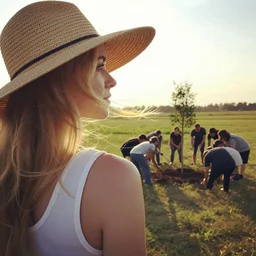 cinematic, golden hour, backlit, over the shoulder photograph of a beautiful transparent blonde woman in a white tank top, wearing a large wide brim straw hat, looking into the distance at a group of people in a circle planting a small tree, windy, bokeh, tilted angle, iphone 5 photo