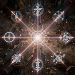 sigils for technology and magick, circuitry, photorealistic, technical, royo, frazetta, giger, leds, dust, laser light, crystalline shimmers, chaos, complexity, emergence,