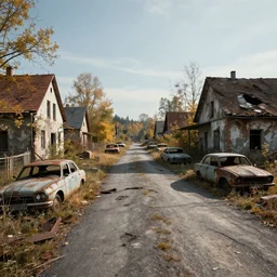 low wide angle shot of dilapidated fallout 5 europa, retro futuristic overgrown euro rural town, decrepit road, dilapidated european houses, few rusted retro futuristic vintage parked vehicles like cars, volumetric lighting, photorealistic, daytime, autumn, cold sunny weather, sharp focus, ultra detailed, 4 2 0 0 k