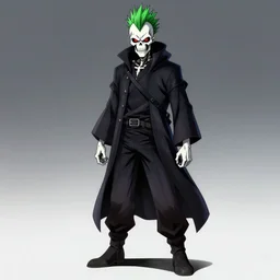 a full body shot of Grim Reaper by Studio Trigger, skeleton face, eyes red and glowing, green mohawk haircut , sport pants, highly detailed, artstation,manga,style of SSSS.Gridman (2018),style of Gurren Lagann (2007)