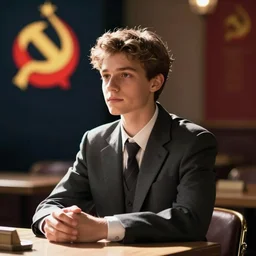 A young man in a suit sits at a table , USSR logo in background, bokeh, cinestill, fine details