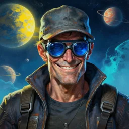 an intimate portrait of a gnarly human cyberpunk captain, old skin, faded hat, charming, strong leader, blue goggles, a look of cunning, big smile, detailed matte fantasy painting, the planets and night war rages behind him, yellow and blue and cyan