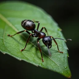 robotic ant on a green leaf, macro photography, 8 k, moody lighting, shallow depth of field,