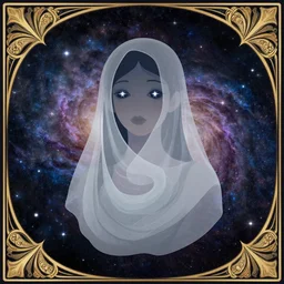 a portrait of a galaxy as an mischievous androgynous spirit, eyes are stars, draped in transparent cloth, flat colors, minimal, swirly, bust by alphonse mucha, decorative art deco border, astrophotography, vast cosmos, digital illustration overlayed on photography, trending on artstation