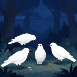 a still frame illustration of a a three white crows eating in a night forest, dark blue intense clouds by quint buchholz, cheng hsiao - ron, wes anderson, fujita goro, edward hopper, rene magritte, simon stalenhag, fine details, ornate