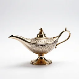 elegant genie lamp, commercial catalog photo, isolated on a pure white background, centered, entire object in frame, sharp focus, soft studio lighting