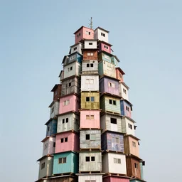 a tower made up of makeshift squatter shacks with pastel colours, vibrant, mamiya, 8 5 mm, f 1. 7, uniform plain sky, fine details, photographed by salvador dali