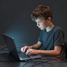 illustration of a boy connected to his laptop with hundreds of wires, highly detailed, by butcher billy, mcbess, rutkowski, james jean, 8 k, photorealistic