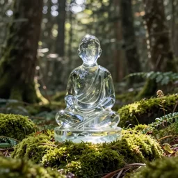 a transparent glas statue on a sunny day in a mossy forest. Hyperrelistic, concept art, unreal engine
