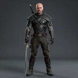 full body portrait of saul goodman as the witcher holding a sword, octane render, realistic, dramatic lighting