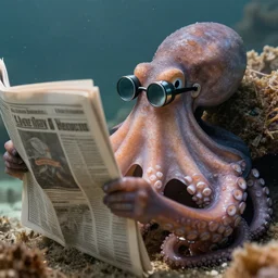 an octopus reading a newspaper. the octopus is wearing a monocle. nature photography
