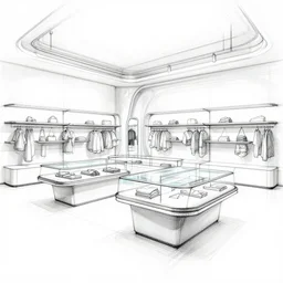 thinliner sketch. futuristic store interior with display tables, by krenz cushart