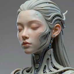 ultra realistic, beautiful cyborg woman eyes closed, metahuman, sci-fi, magic fantasy, cyberpunk, intricate, elegant, highly detailed, digital painting, octane render, clay render, artstation, concept art, smooth, sharp focus, eerie, illustration, 8k, HD, art by artgerm and greg rutkowski and alphonse mucha
