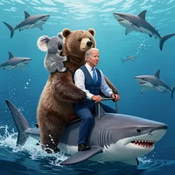 Joe biden riding a bear with a koala on his neck in a ocean full of sharks, hyperdetailed, artstation, cgsociety, 8k