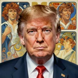 smirky donald trump painted by artgerm and greg rutkowski and alphonse mucha. clear highly detailed face, beautiful sci fi art