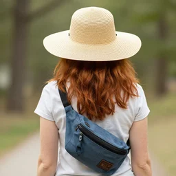 red headed woman wearing a wide brimmed straw hat and a fanny pack