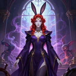 Beautiful lady with bunny ears, tall, Evoker robes, dark purple, window, smoke energy, strange creatures, high fantasy, heroic, detailed face, white skin, red hair, curly hair, golden circlet, no extra ears, by Leng Jun,ornamental rober, symmetry, trending on artstation, artstationHD, artstationHQ, deviantart, matte painting, colorful
