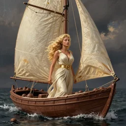 A blonde woman sailing a boat made out of chocolate