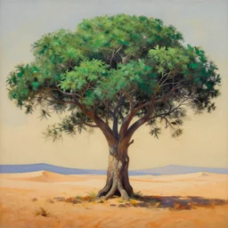a painting of a majestic tree with green leaves in the desert, an airbrush painting by breyten breytenbach, cgsociety, neo - primitivism, dystopian art,! apocalypse landscape!!