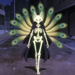 screenshot from an anime about a glowing humanoid skeleton fox with 9 peacock tails wearing wizard robes and wandering an empty street alone, anime, 8 0 s, vhs, art by yuji ikehata