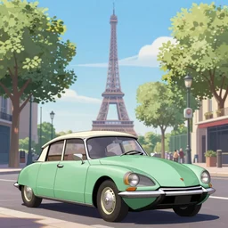a wholesome beautiful animation key shot of!! one!! focused!! 1 9 7 4 citroen ds!! in a paris street with trees, eiffel tower, medium wide shot, studio ghibli, ( pixar ) and disney animation, sharp, very detailed, high resolution, rendered in unreal engine 5, anime key art by greg rutkowski, bloom, dramatic lighting