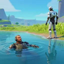 Master Chief drowning in a lake, while Robocop watches from the shore, a screenshot from Fortnite