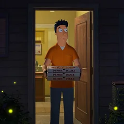 a pizza delivery boy resembling Philip J. Fry standing in the doorway holding a pizza box, eerie lighting coming from behind, late at night, fireflies