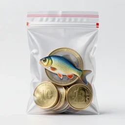 koi fish coin inside zip lock bag studio photo photorealistic