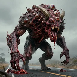 Giant fanged limb monster walks in the road. Drops of blood, meat, guts, mouths, many eyes on head, horns. Dark colors, high detail, hyperrealism, horror art, intricate details, masterpiece, biopunk, body-horror, art by Greg Broadmore, Esao Andrews, Beksinski, Giger