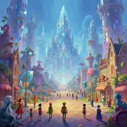 A panoramic photo of gameplay from a videogame painted by James Gurney. Ground level streetlevel perspective. Within a crystalline fantasy city populated by strange citizens. Matte painting. Fantastic incredible intriguing mysterious engaging impressive masterpiece lighting. Colorful environment, rule of thirds, symmetrical balance, depth layering, polarizing filter, Sense of Depth, AI enhanced