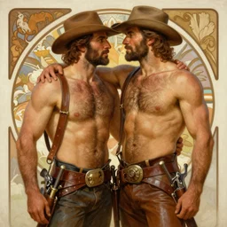 a homoerotic painting by greg rutkowski, albert bierstadt, alphonse mucha, tom of finland | two attractive hairy cowboy gunslingers in love | bandoliers, shirtless, leather clothing | natural lighting, path traced, highly detailed, high quality, digital painting, trending on artstation