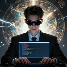 character concept portrait, symmetrical head-on centralized, Young man with black-tinted sunglasses, formal black suit.coding on pc , Detailed, high quality, dynamic lightning, fantasy, scenematic. Artwork by Artgerm, WLOP, Alex Ross, Greg Rutknowski, Alphonse Mucha