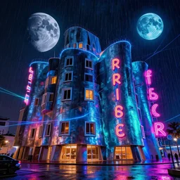industrial architecture by frank gehry, neon signs extraterrestial futuristic alien thermal imaging san andreas moon vaporwave rain night uv light assassin's creed sunlight laser, archdaily, wallpaper, highly detailed, trending on artstation.