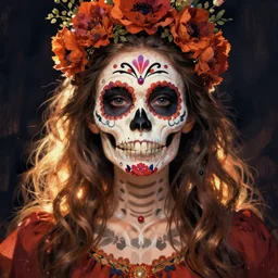 Illustration of a sugar skull day of the dead girl, art by chris ware