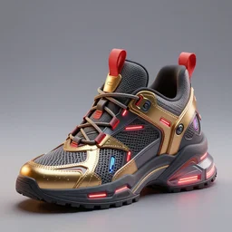 realistic 3 d render of a cyberpunk android sneaker, beautiful studio lighting, soft, sharp focus, neon cyberpunk highlights, intricate detail, gold and red accents, soft rubber, octane render, side view, close up, trending on artstation, deviantart, moebius, lloyd wright, feng zhu